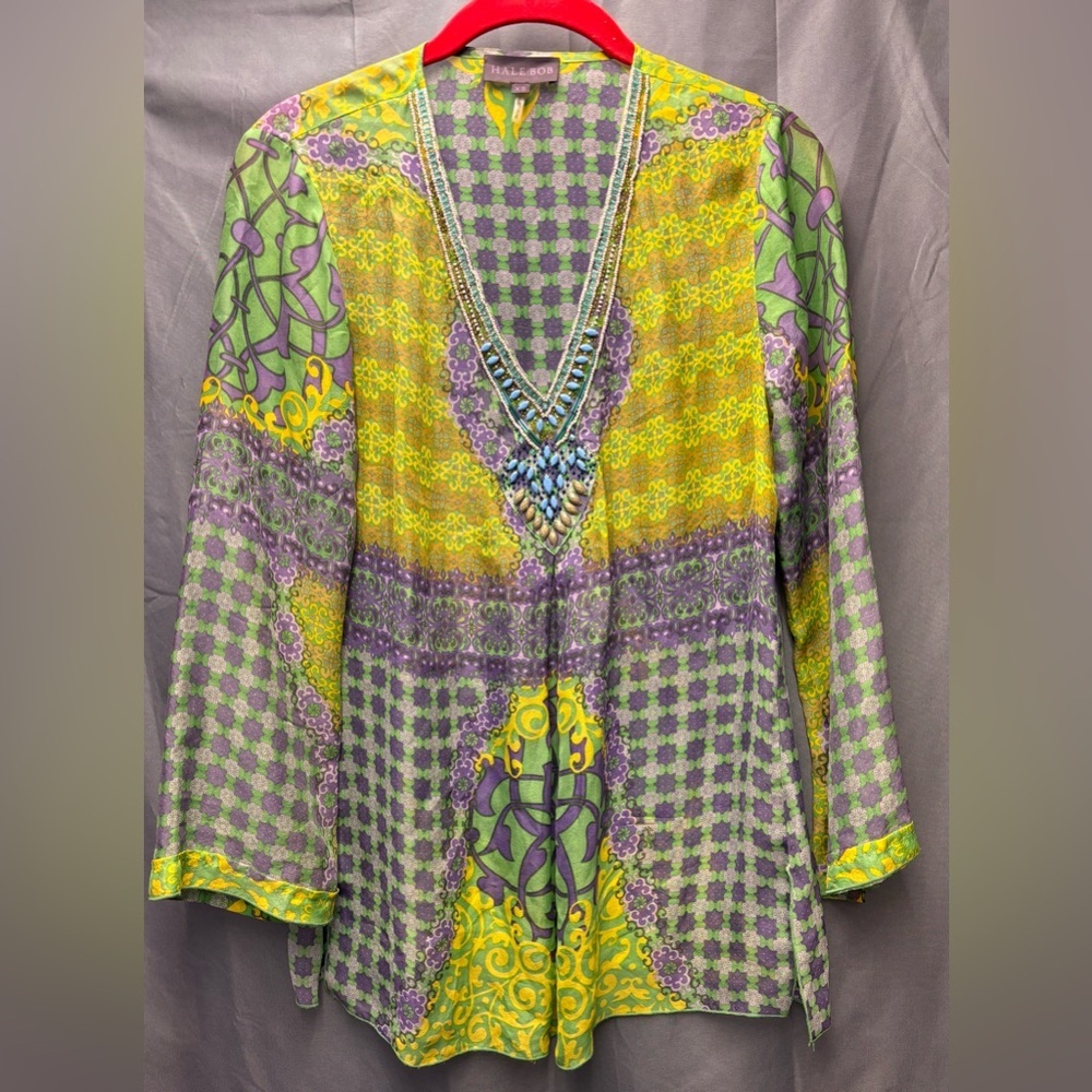 Hale Bob V-Neck Beaded 100% Silk Tunic Top Size XSMALL